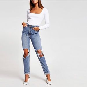River Island Mid Blue ripped Mom Jean